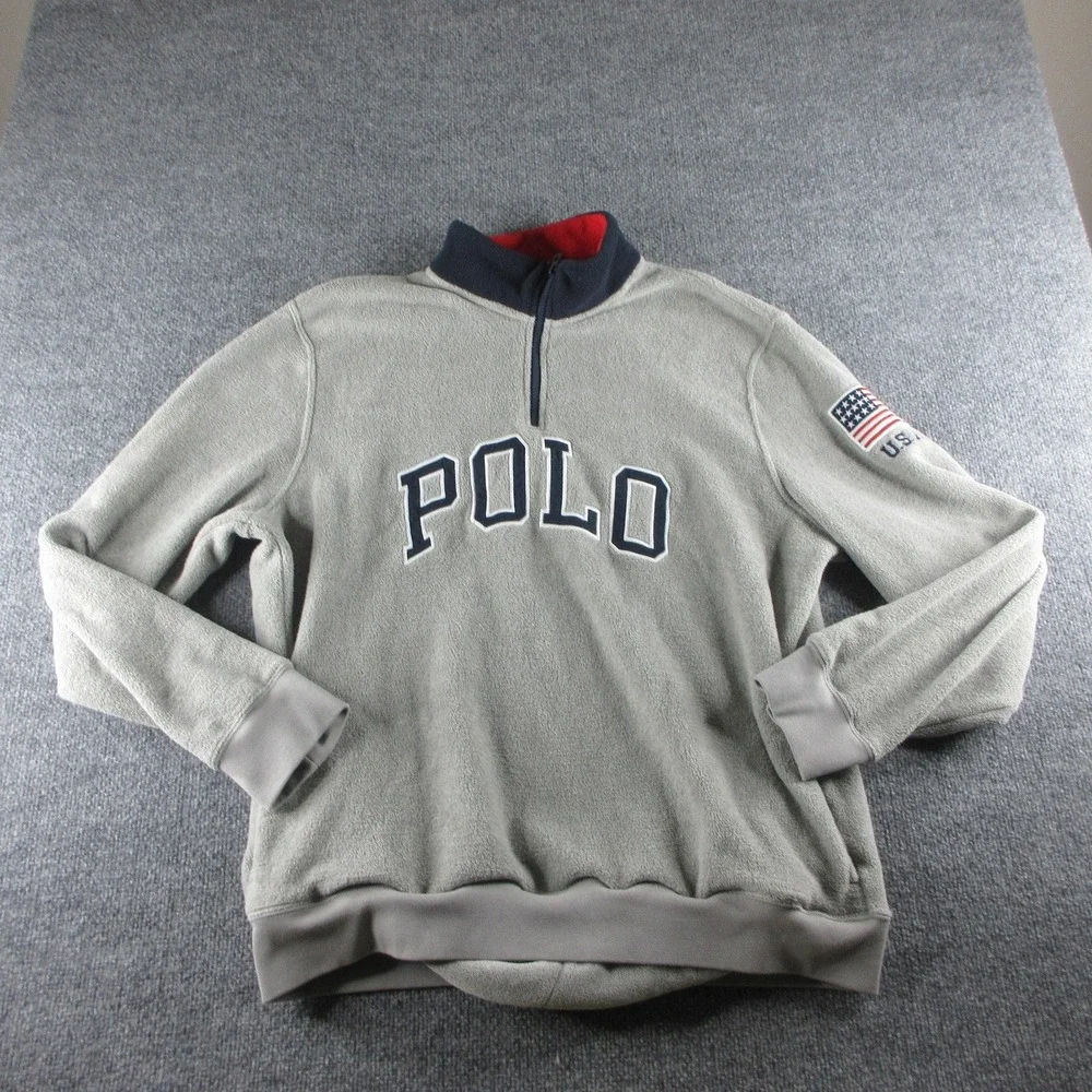 Polo Ralph Lauren Sweatshirt Mens XL Gray 1/4 Zip USA Flag Fleece Pullover